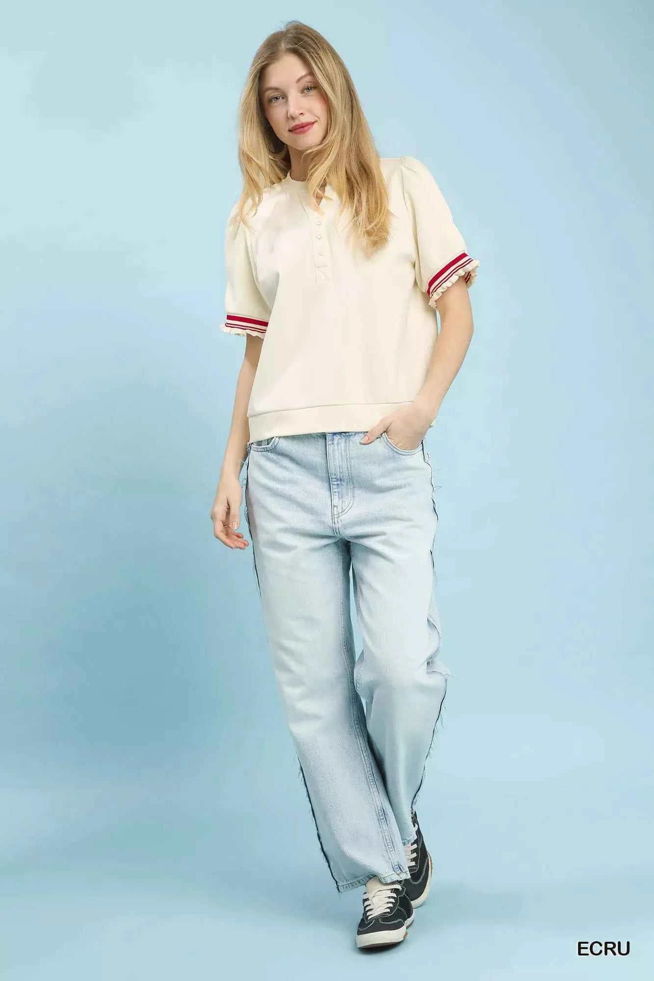 Sarah Express Women's Puff Sleeve Button Front Knit Top with Contrast Trim