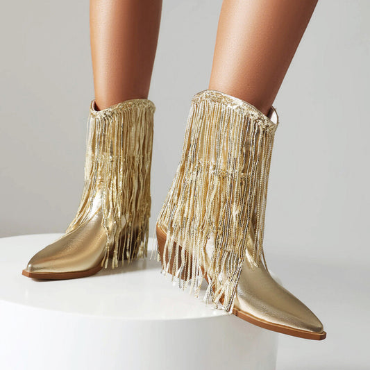 Sarah Express Women's Sequin Tassel Ankle Boots – Pointed Toe Chunky Heel Slip-On Party Boots