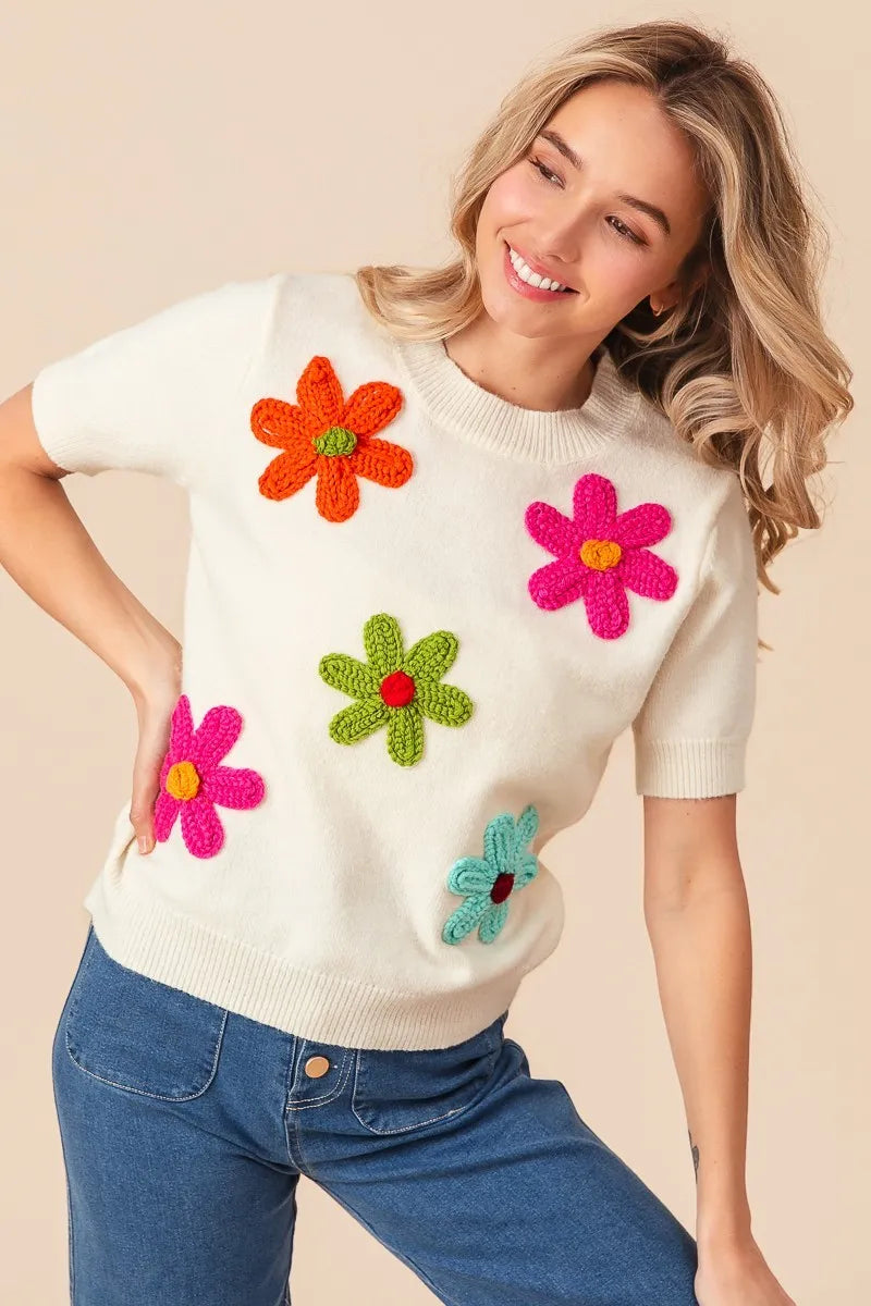 Sarah Express Women’s Short Sleeve Sweater with Crochet Flower Patches