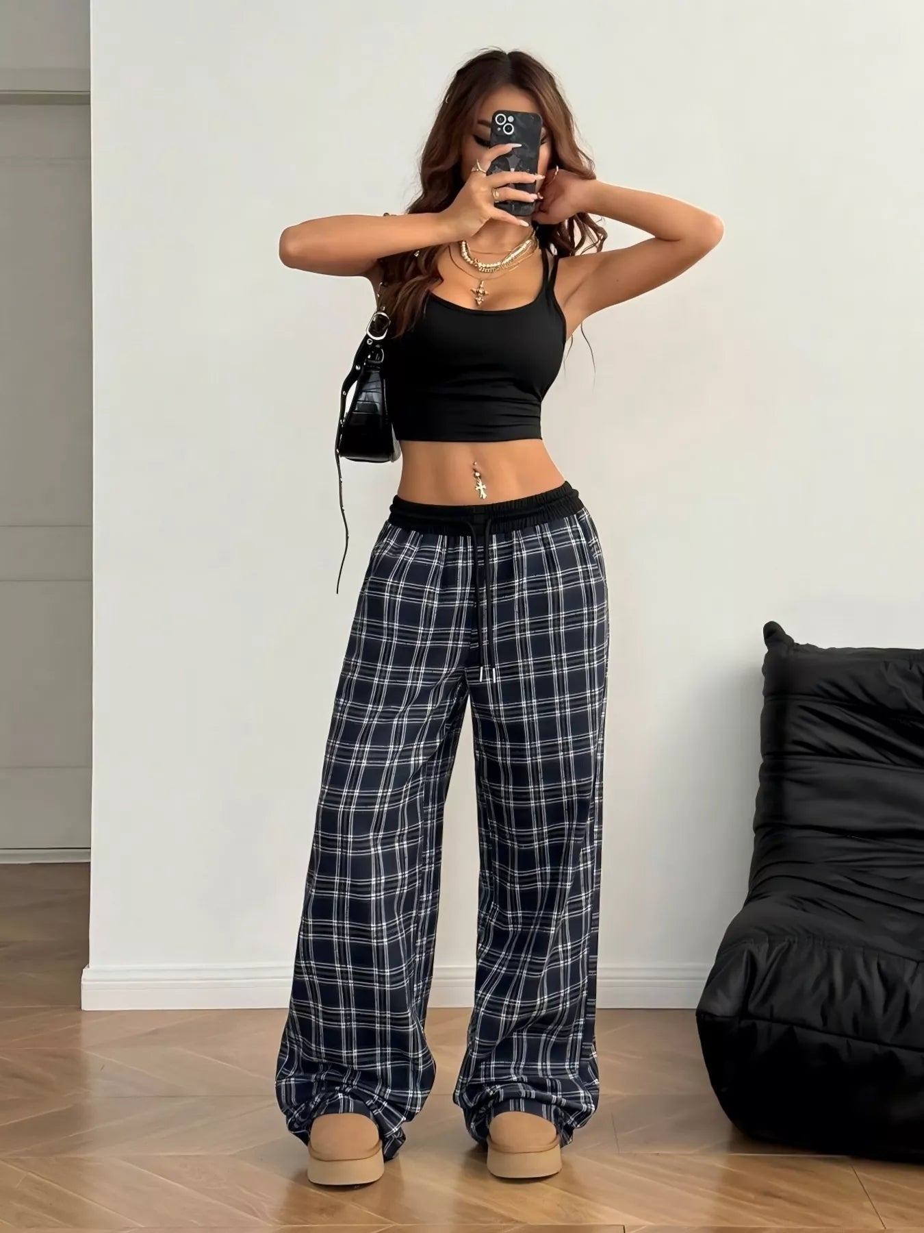 Sarah Express Women's Plaid Wide Leg Pants with Drawstring and Pockets