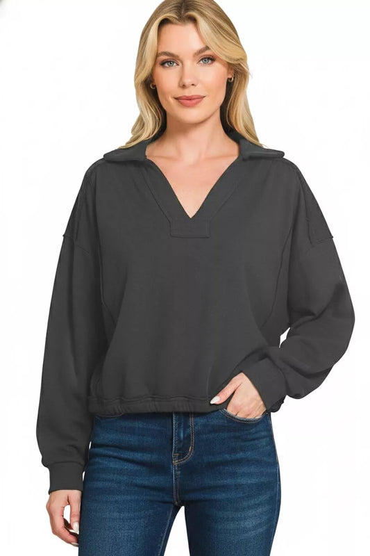 Sarah Express Women's French Terry Collared Exposed Seam Sweatshirt