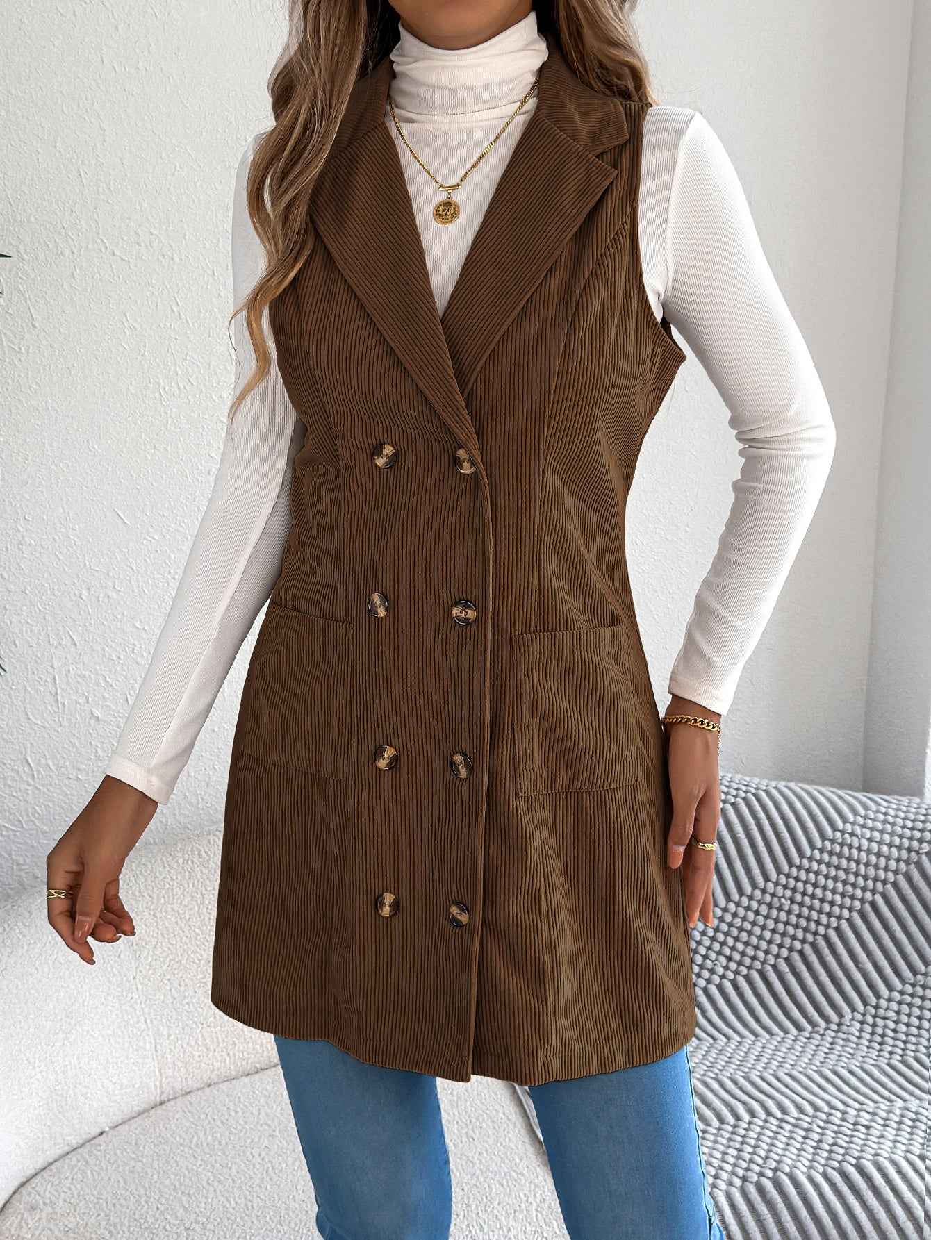 Sarah Express Women's Double-Breasted Corduroy Vest Jacket with Pockets Coffee