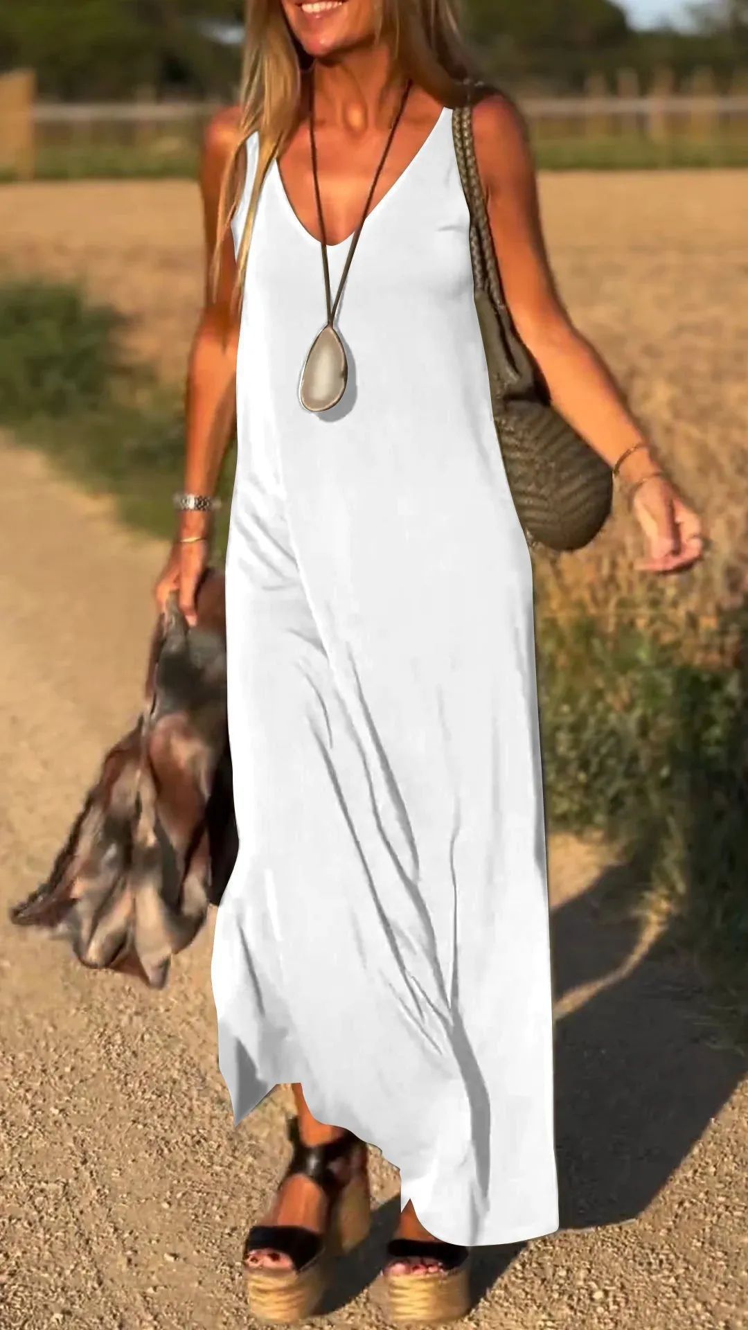 Sarah Express Women's V-Neck Cami Strap Maxi Dress Sleeveless Wide Waist Long Casual Summer Dress