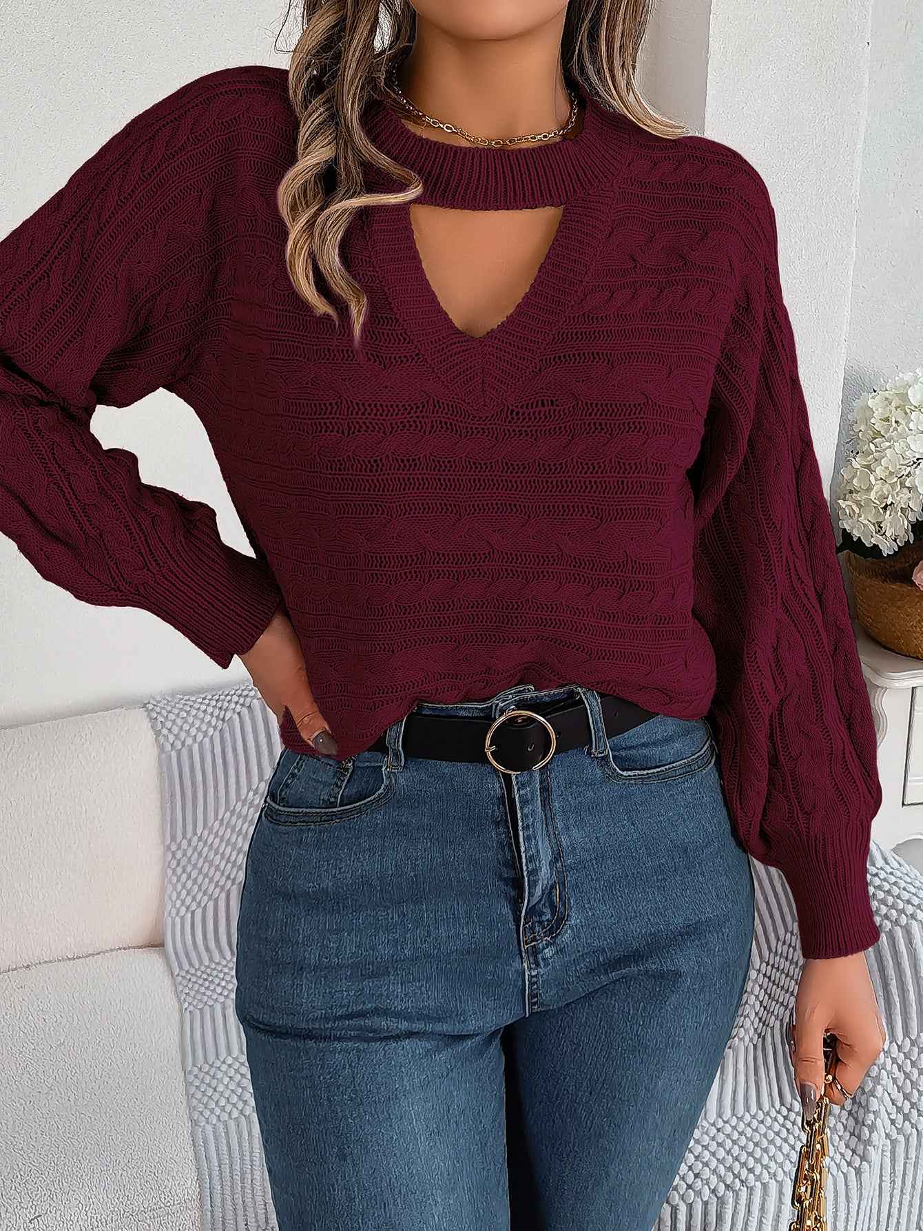 Sarah Express Women's Cable Knit Pullover Sweater - Hollow Out Long Sleeve Knitwear Burgundy