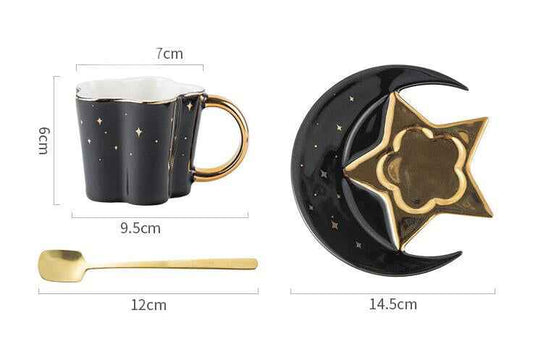 Sarah Express Star & Moon Ceramic Cup Set - 4 Cups, Saucers & Spoons | Porcelain Coffee Tea Set