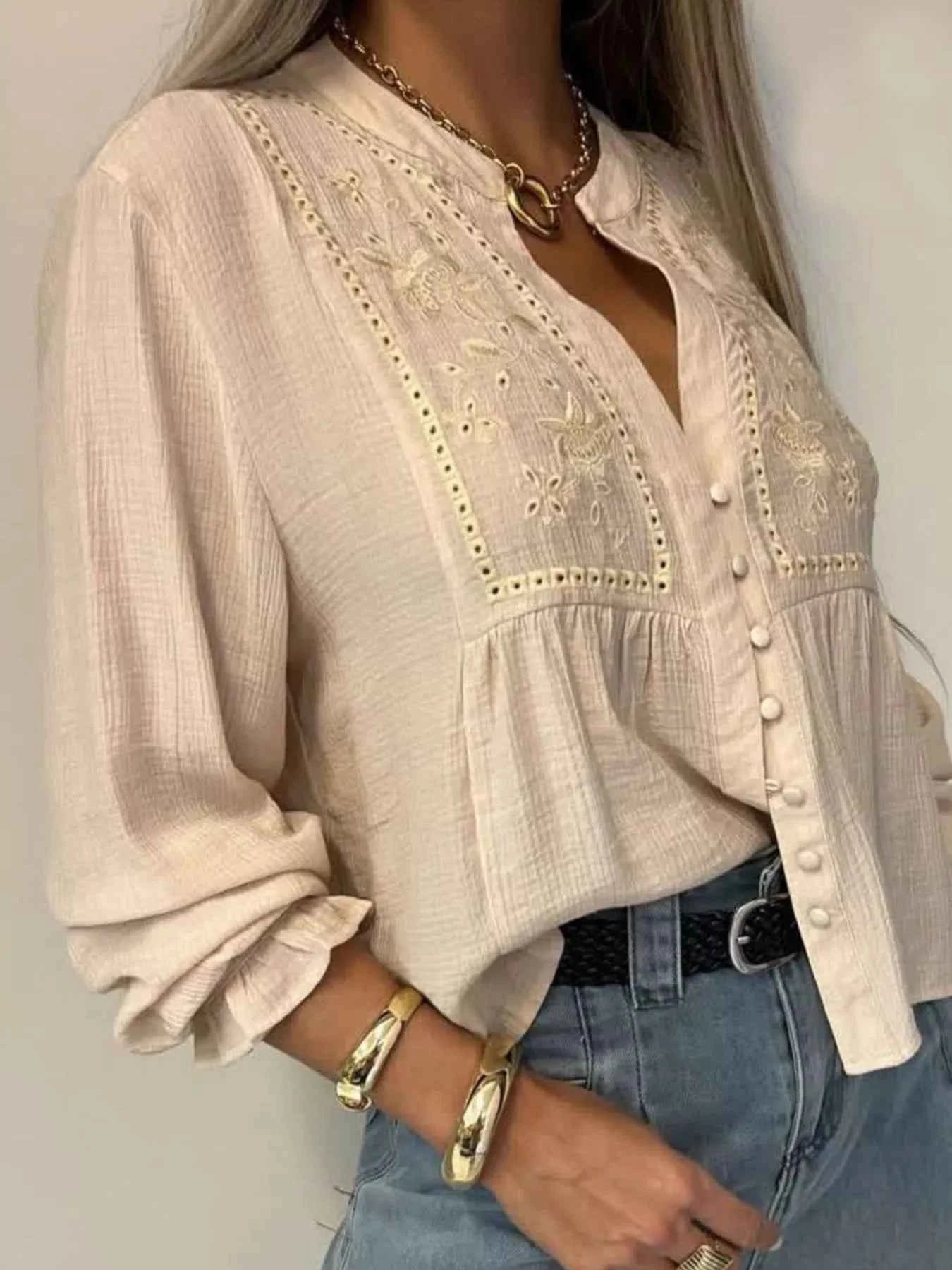 Sarah Express Women's Embroidered Button-Down Shirt - Long Sleeve Collared Blouse