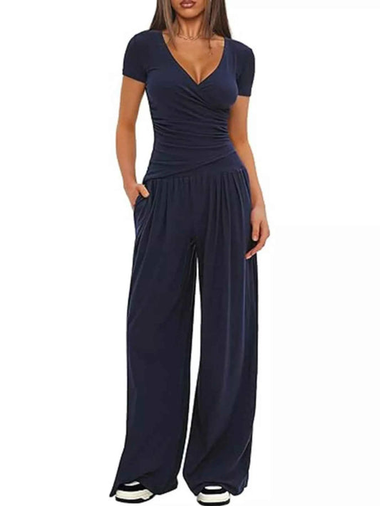 Sarah Express Women's Surplice Short Sleeve Top and Pants Set - Two Piece Outfit