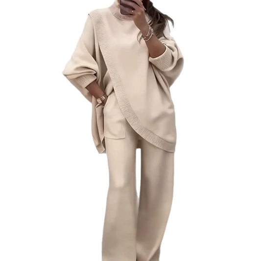 Sarah Express Women's High-Neck Cross-Over Knit Two-Piece Set - Long Sleeve Top & Pants