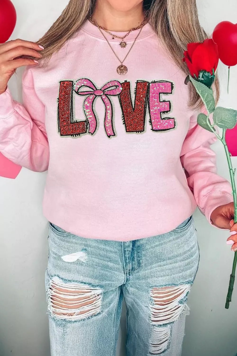Sarah Express Bow Love Sequin Pattern Valentine Sweatshirt