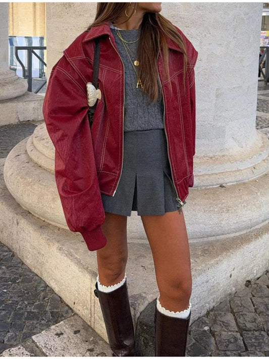 Sarah Express Women's Oversized Zip Up Jacket - Dropped Shoulder Casual Outerwear