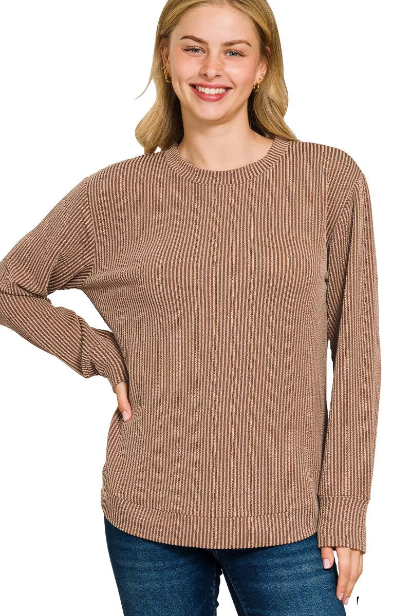 Sarah Express Women’s Plus Size Raised Rib Long Sleeve Top Casual All-Season