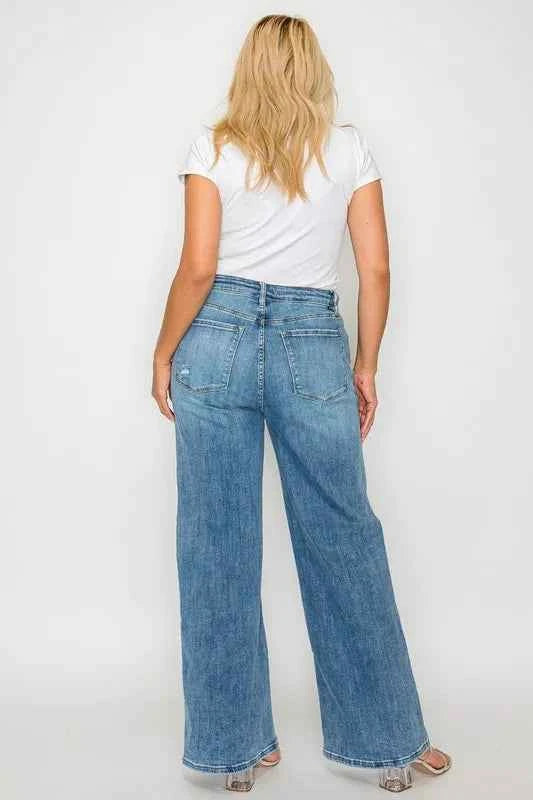 Sarah Express Women's High Rise Wide Leg Jeans with Pockets - Premium Stretch Denim