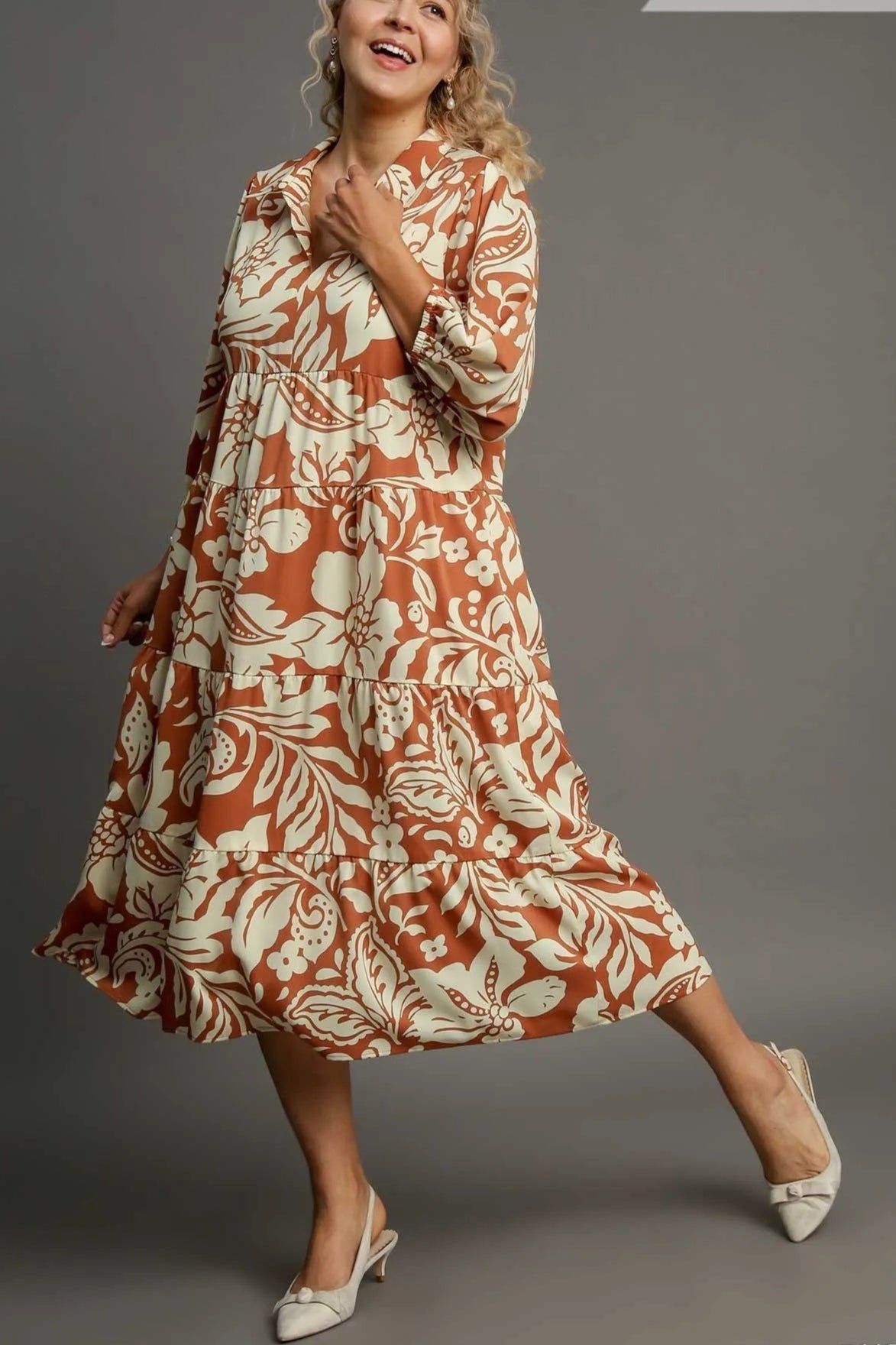 Sarah Express Women’s Plus Size Floral Tiered Midi Shirt Dress