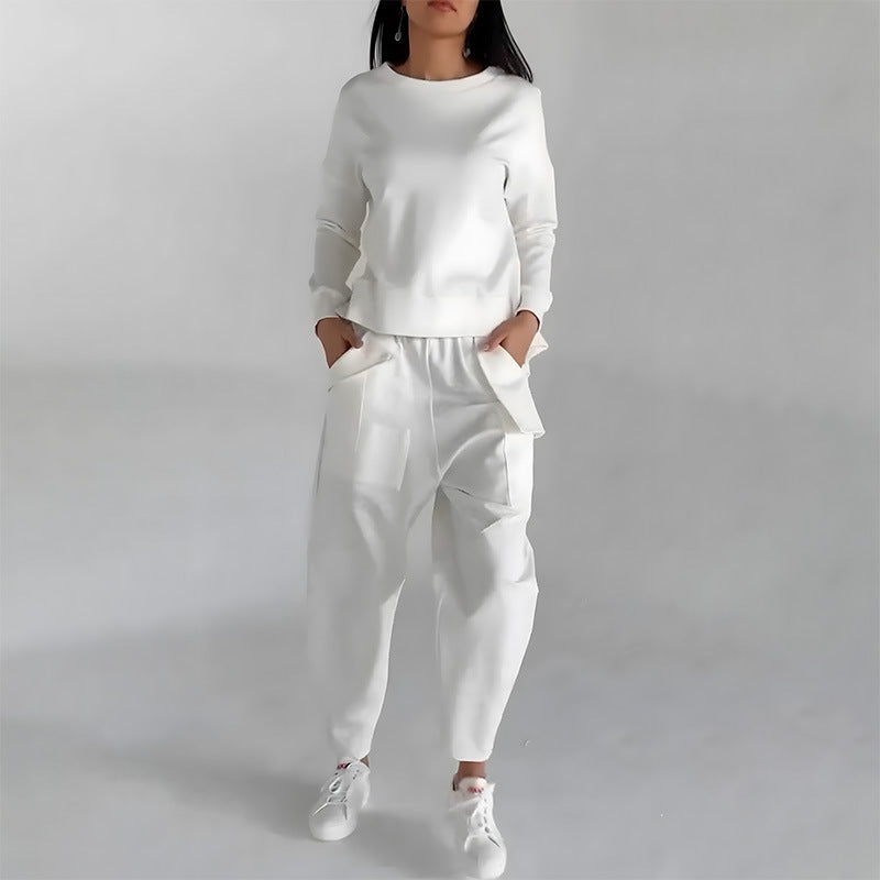 Sarah Express Women's Two Piece Sweatshirt Set - Long Sleeve Top with Back Slit & Loose Trousers with Pockets White
