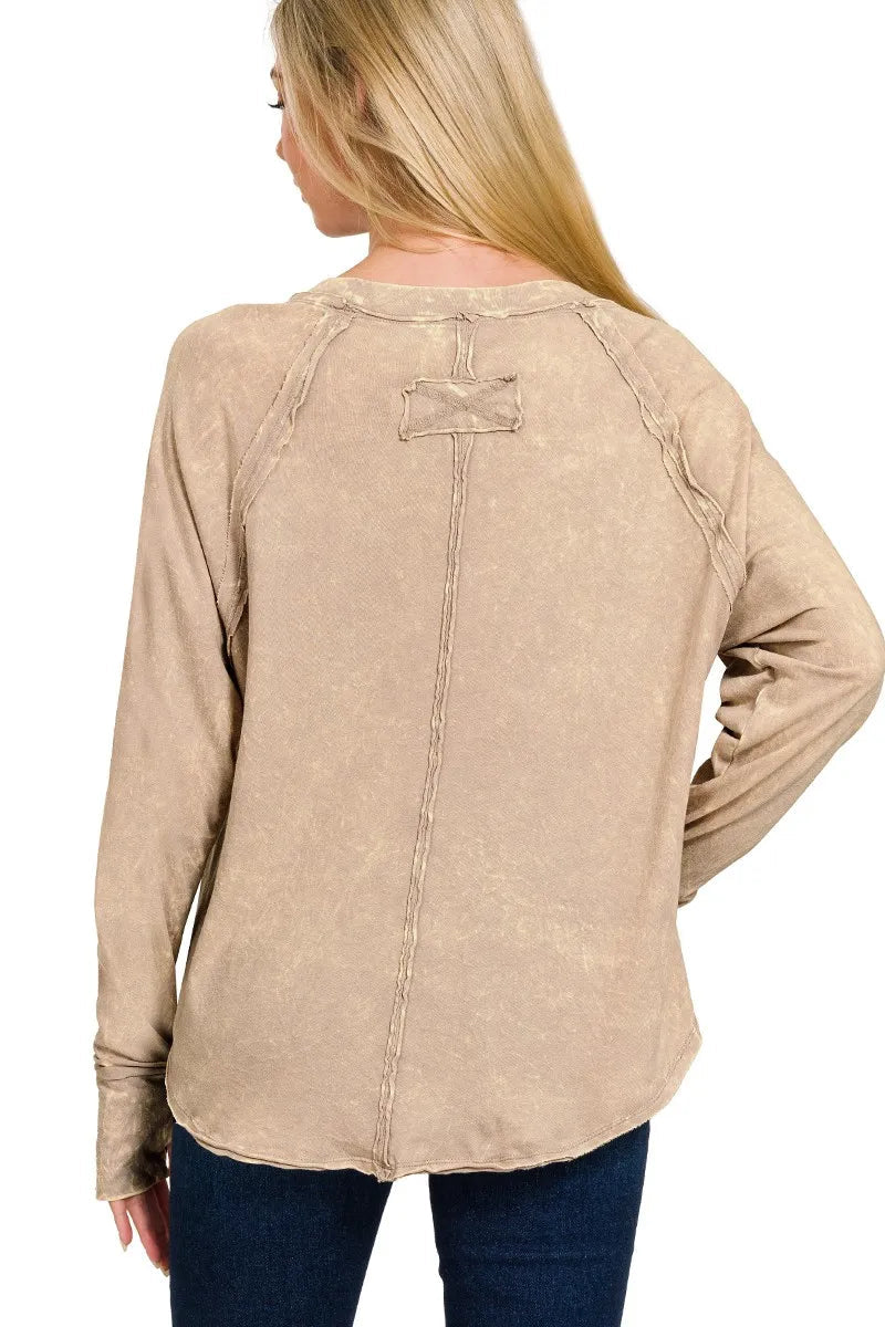 Sarah Express Women’s Top Long Sleeve Thumb Hole Washed Cotton Top in Ash Mocha