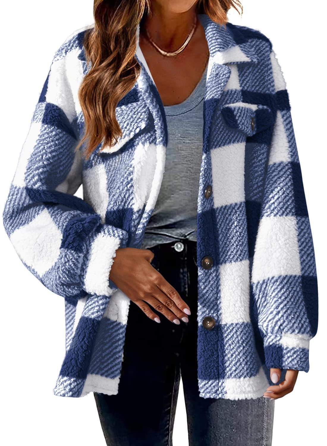 Sarah Express Women's Striped Plush Jacket - Button-Front Shacket Coat in 8 Colors - Loose Fit S-5XL Plus Size