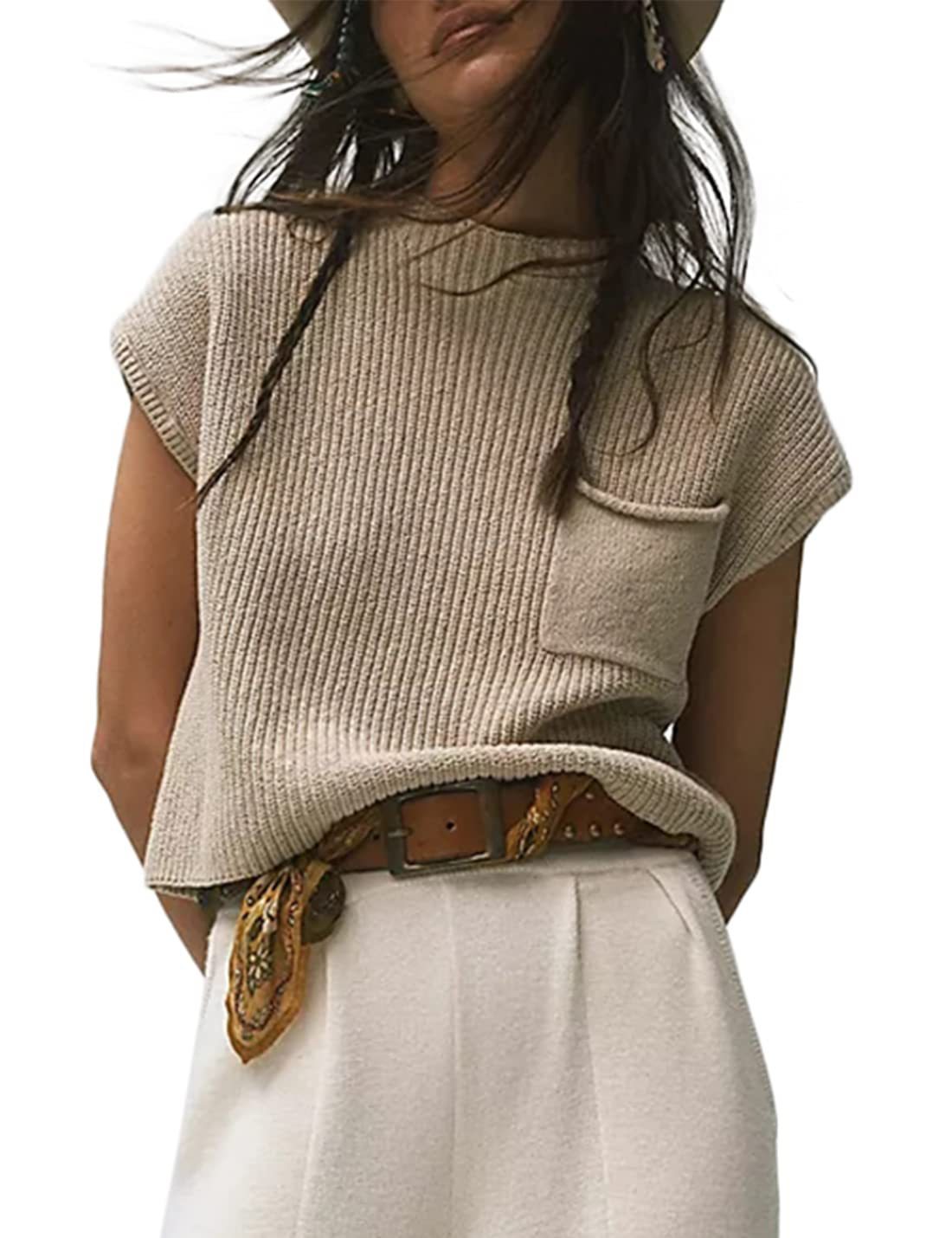 Sarah Express Women's Sleeveless Knit Ribbed Pullover Vest with Pockets