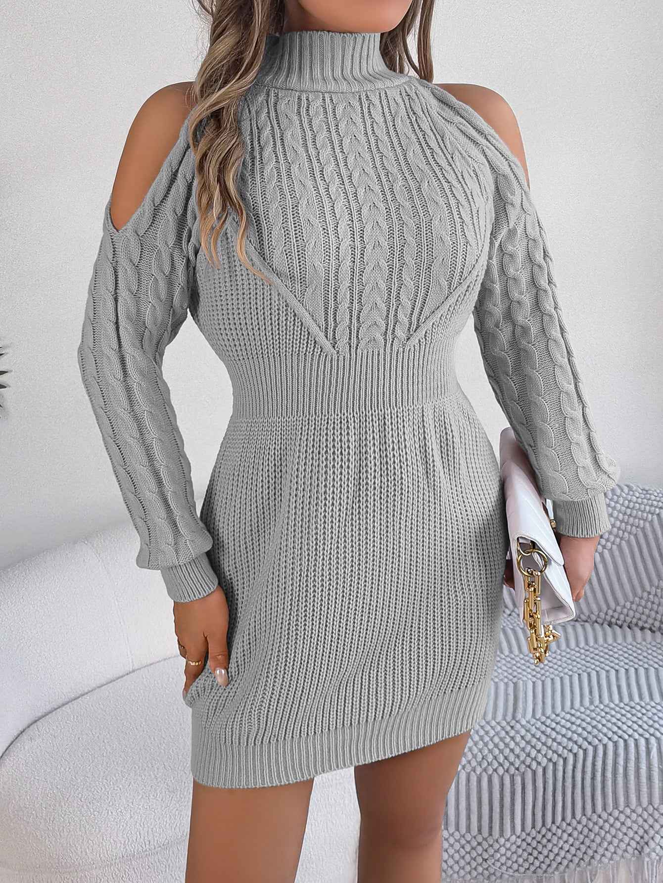 Sarah Express Women's Off-Shoulder Cable Knit Sweater Dress - Bodycon Turtleneck Lantern Sleeve Dress Gray
