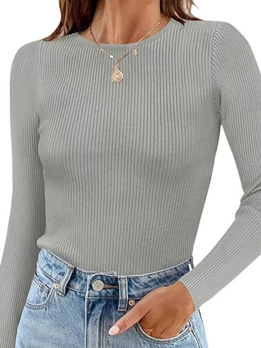 Sarah Express Women's Ribbed Knit Slim Fit Long Sleeve T-Shirt