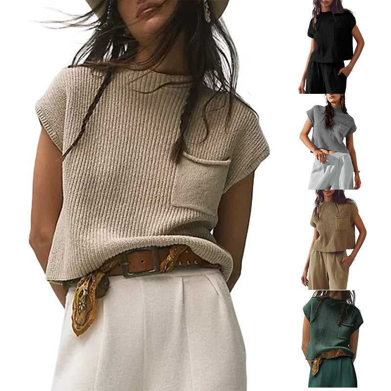 Sarah Express Women's Sleeveless Knit Ribbed Pullover Vest with Pockets