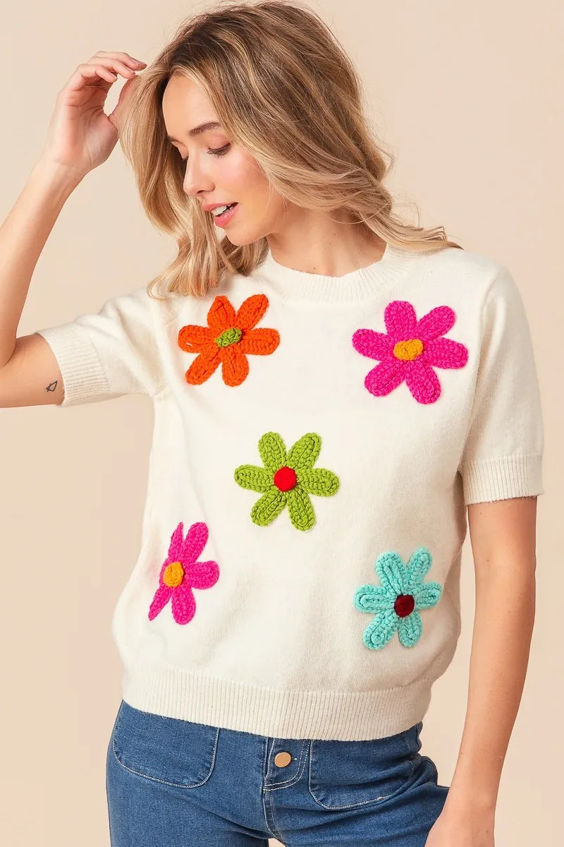 Sarah Express Women’s Short Sleeve Sweater with Crochet Flower Patches