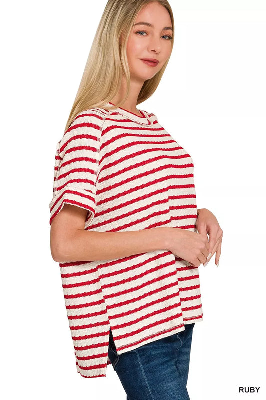 Sarah Express Women's Stripe Jacquard Round Neck Tee