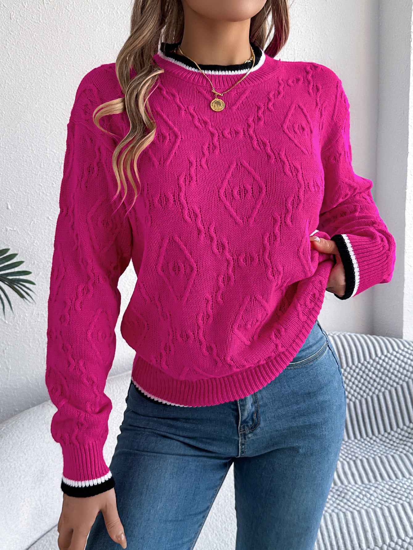 Sarah Express Women's Color Block Cable Knit Pullover Sweater - Long Sleeve Casual Knitwear Rose red