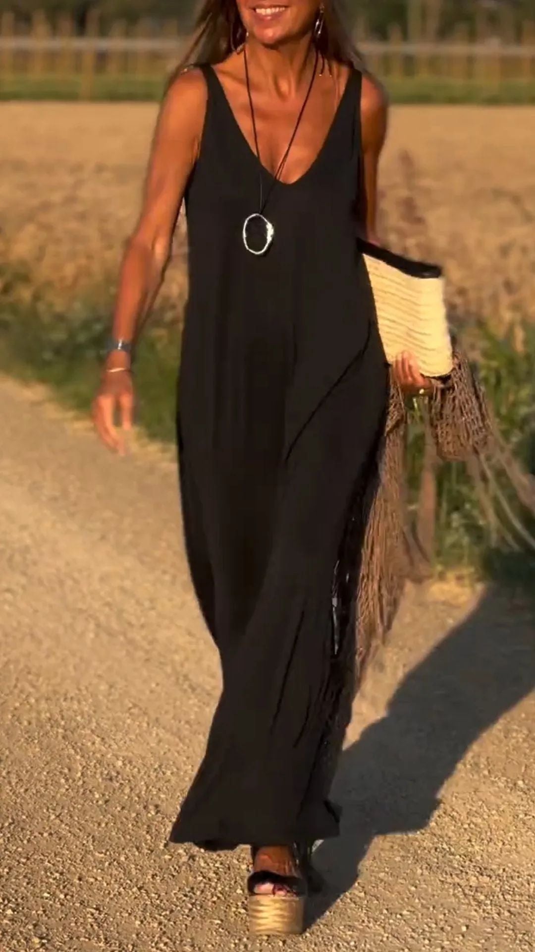 Sarah Express Women's V-Neck Cami Strap Maxi Dress Sleeveless Wide Waist Long Casual Summer Dress