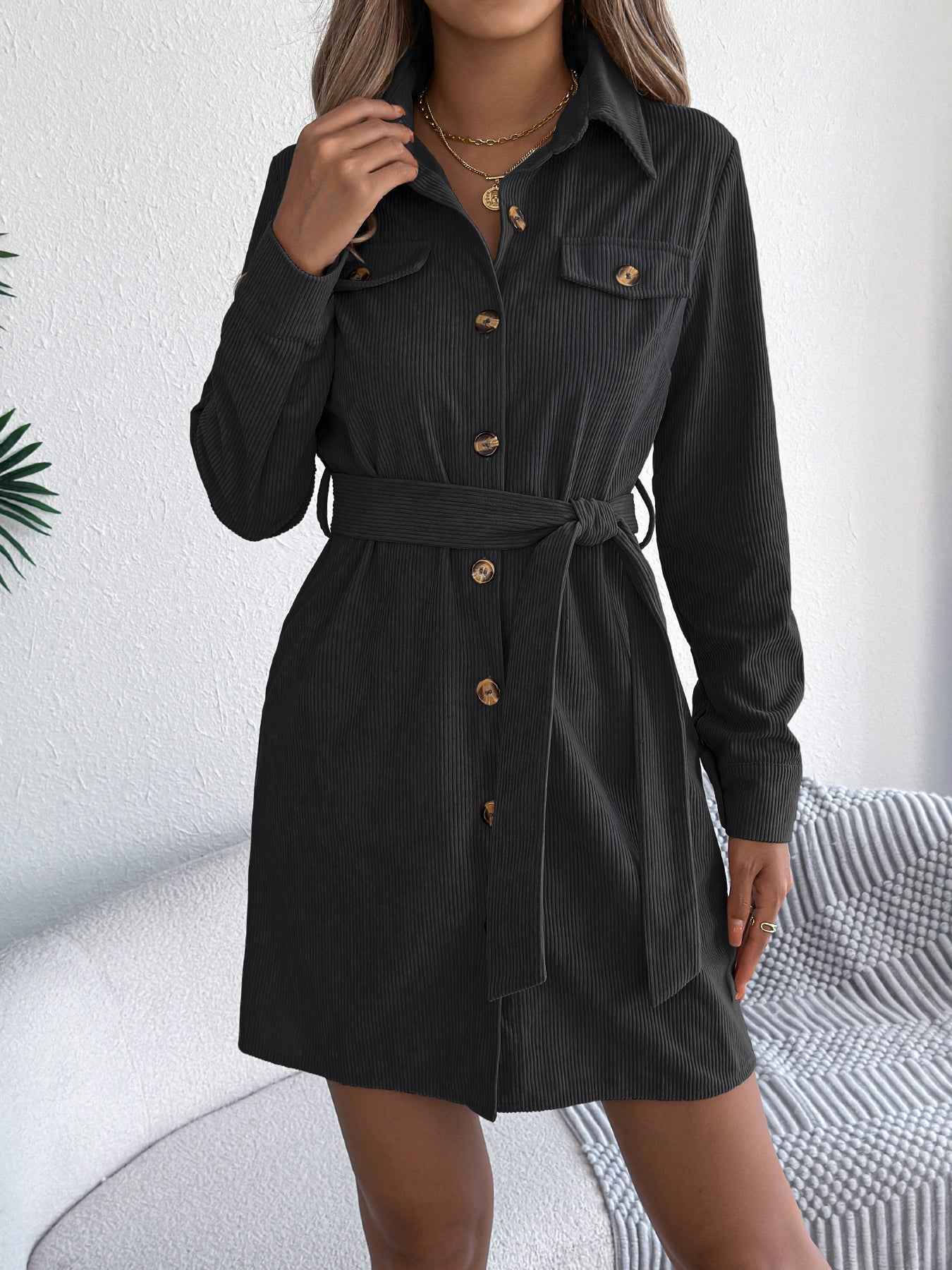 Sarah Express Women's Corduroy Shirt Dress - Long Sleeve Button Front Casual Dress Black