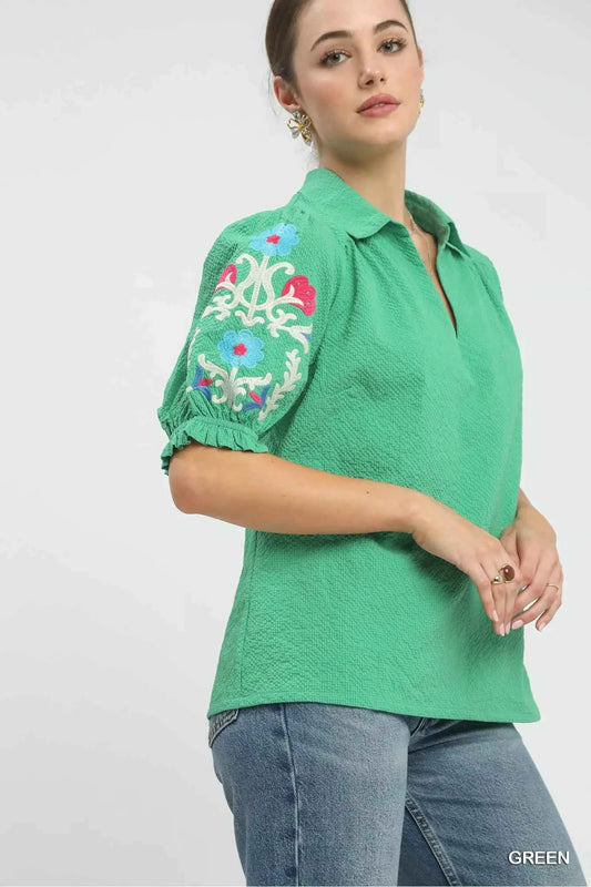 Sarah Express Women's Seersucker Embroidered Sleeve Blouse - Lightweight Summer Top