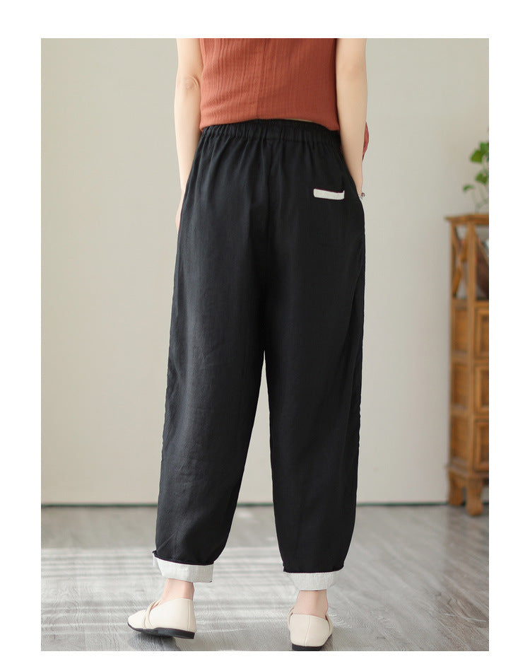 Sarah Express Women's High Waist Cropped Pants Loose Fit Cotton Linen - Casual Plus Size Ankle Length