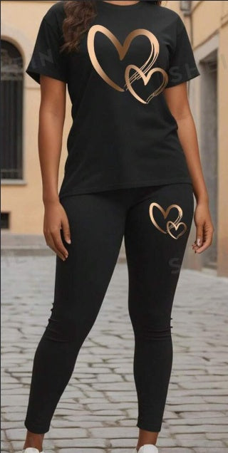 Sarah Express Women's Heart Print T-Shirt Leggings Matching Set Short Sleeve