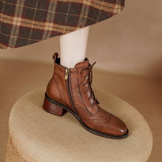 Sarah Express Women's Retro Leather Ankle Boots – Chunky Heel, Side Zipper & Lace-Up | Cowhide Upper