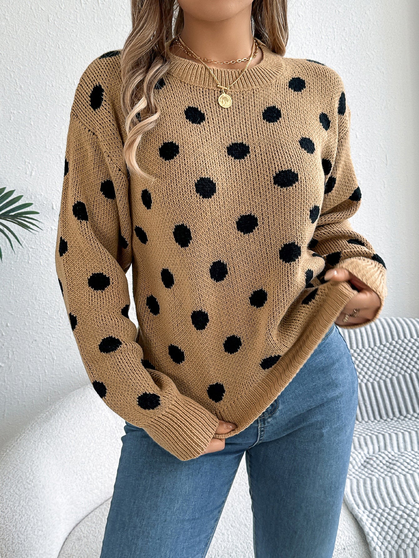 Sarah Express Women's Casual Color Block Polka Dot Pullover Sweater - Long Sleeve Knit Top Khaki