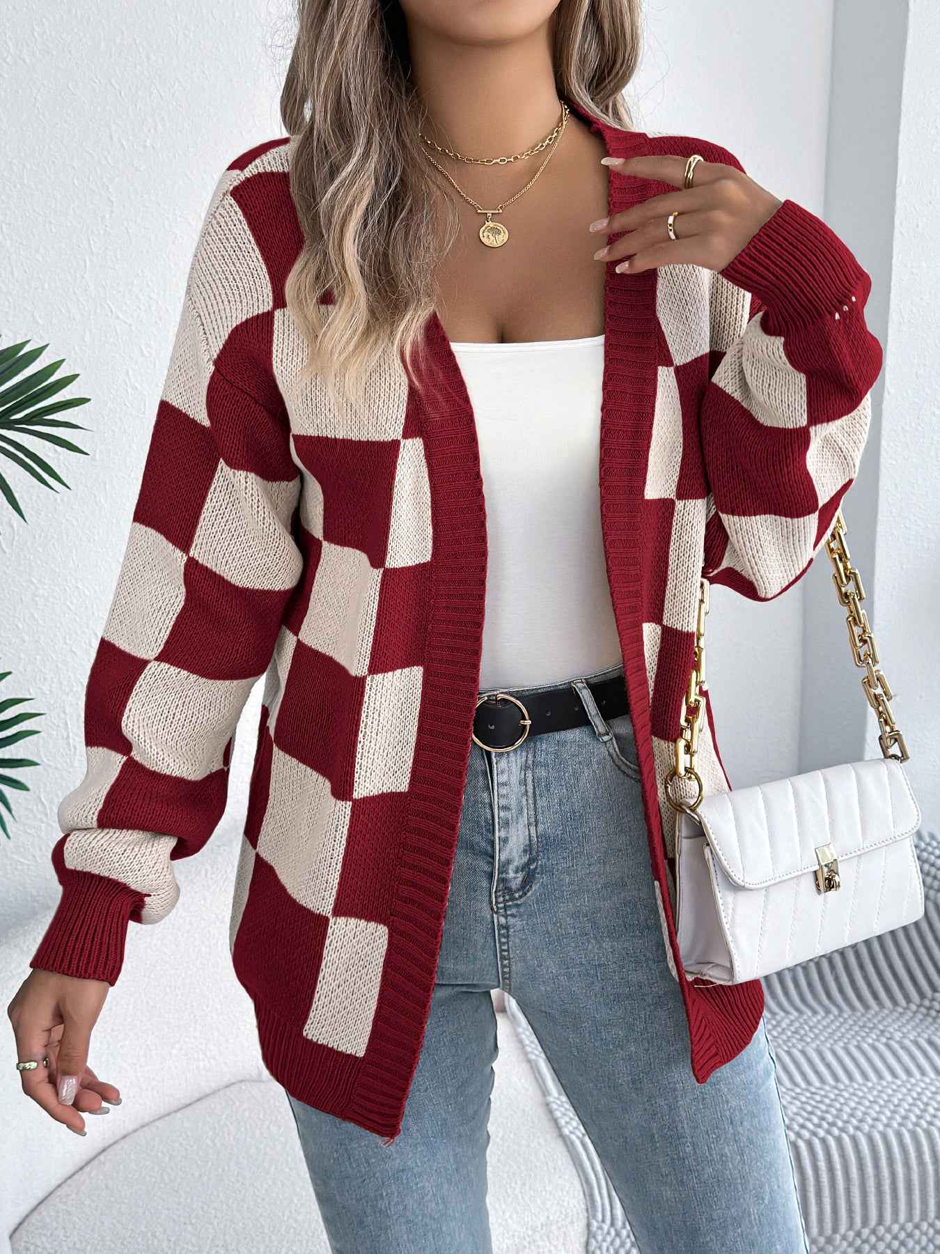 Sarah Express Women's Color Block Plaid Cardigan Sweater - Lantern Sleeve Mid-Length Knit Coat Burgundy