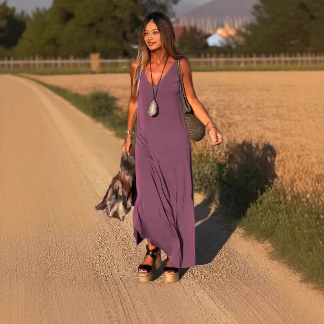 Sarah Express Women's V-Neck Cami Strap Maxi Dress Sleeveless Wide Waist Long Casual Summer Dress