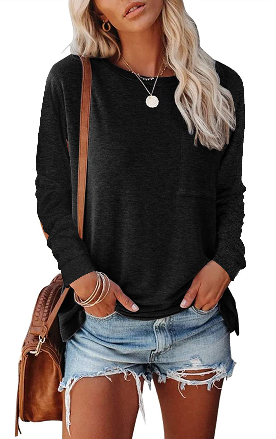 Sarah Express Women's Long Sleeve Pocket T-Shirt Split Hem Casual Cotton Blend Top