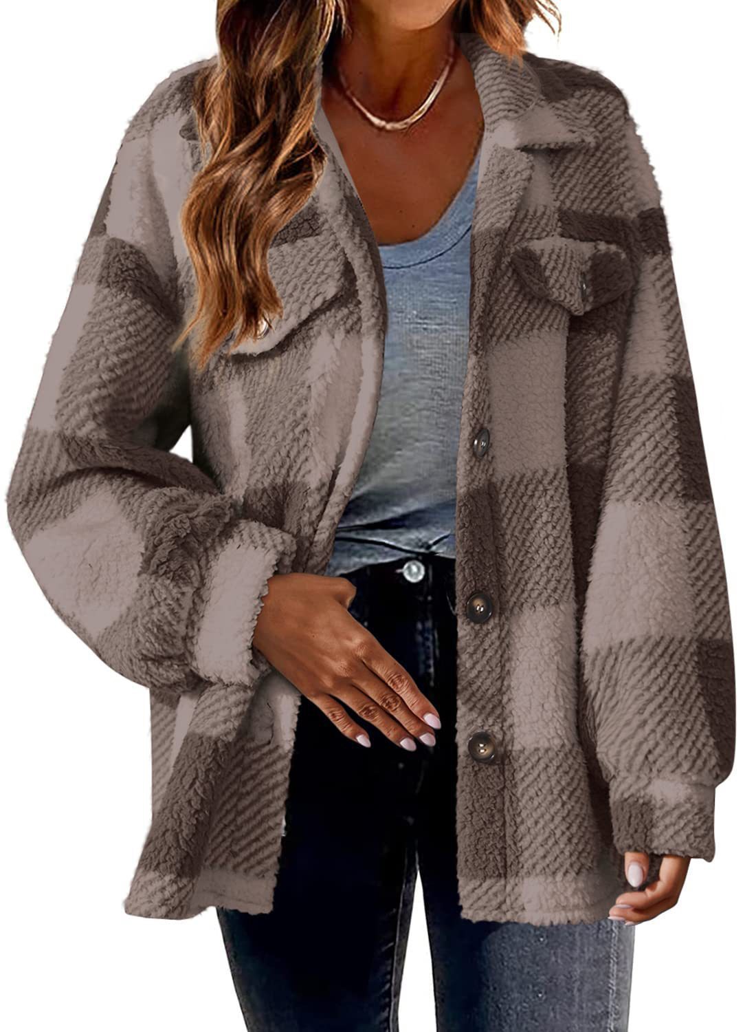 Sarah Express Women's Striped Plush Jacket - Button-Front Shacket Coat in 8 Colors - Loose Fit S-5XL Plus Size