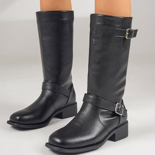 Women's Plus-Size Chunky Heel Zipper Thigh-High Boots – Synthetic Leather Over-the-Knee Boots
