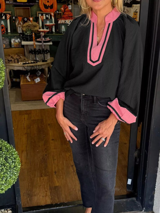 Sarah Express Women's Color Block Patchwork Detail Textured Long Sleeve Blouse