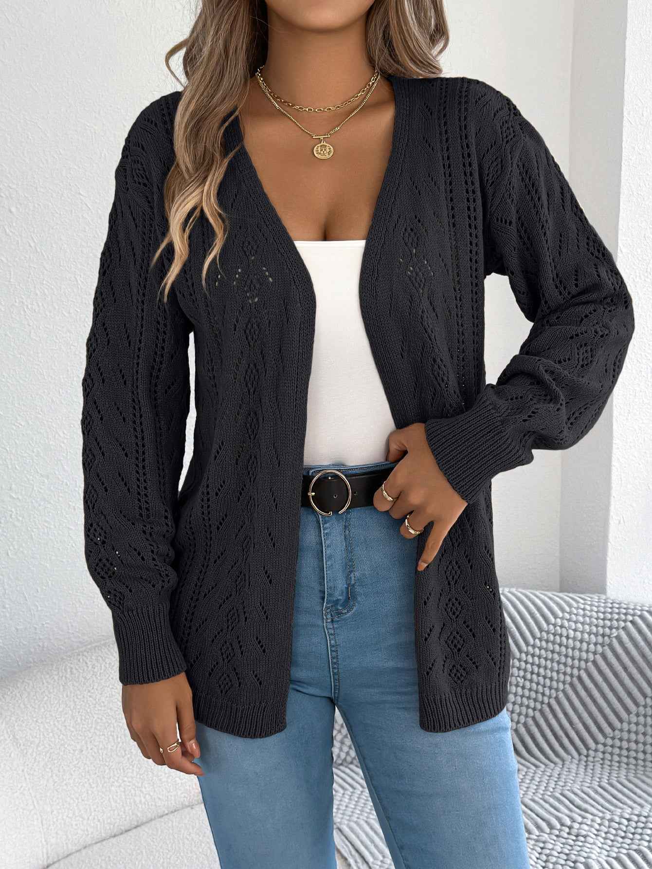 Sarah Express Women's Hollow Out Lantern Sleeve Cardigan Sweater - Casual Knit Coat Black