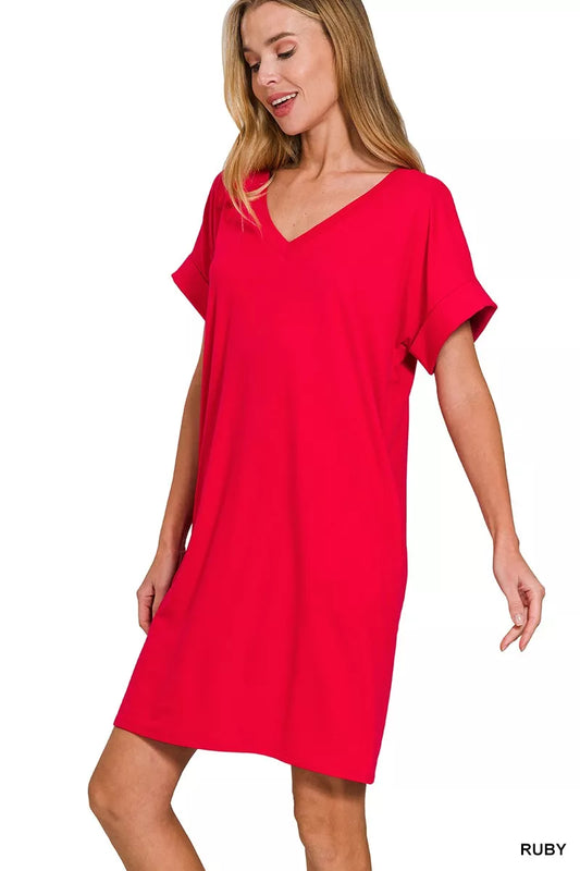 Sarah Express Women's Brushed DTY V-Neck Dress - Soft Rolled Short Sleeve Casual Dress