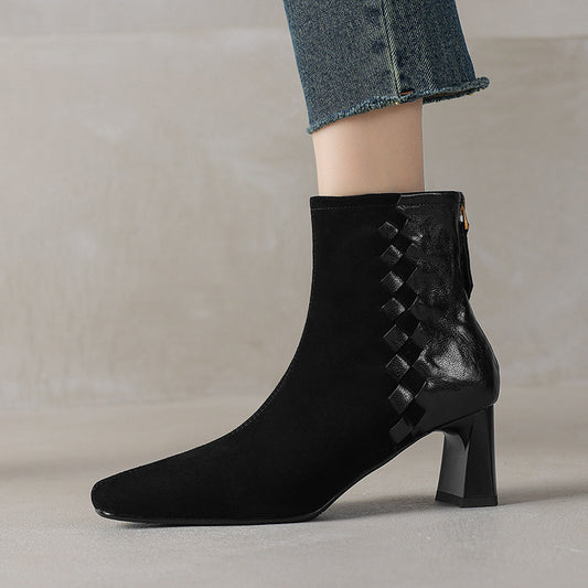 Sarah Express Women's Square Toe Chunky Heel Ankle Boots – Sheepskin Leather Patchwork