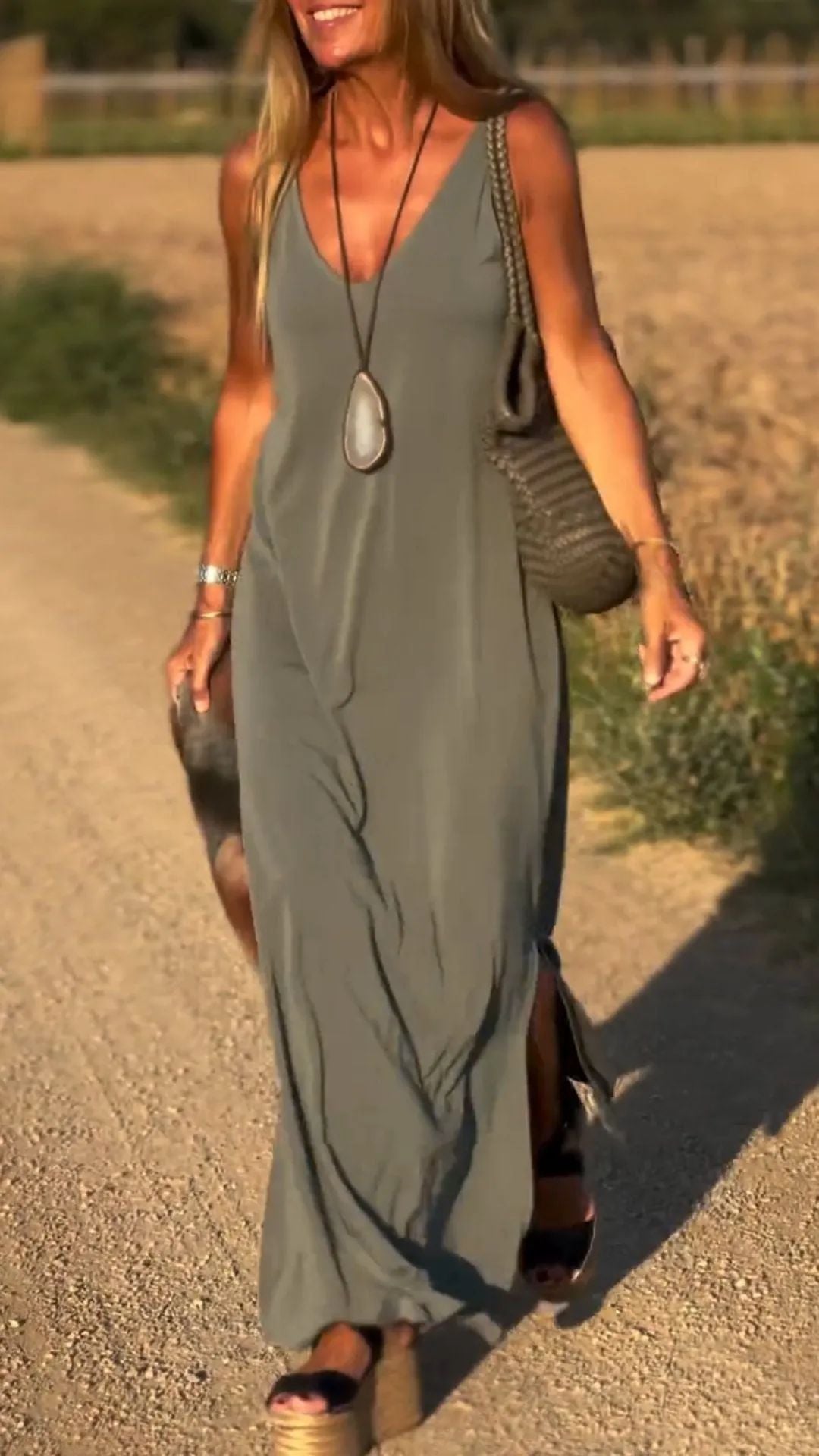 Sarah Express Women's V-Neck Cami Strap Maxi Dress Sleeveless Wide Waist Long Casual Summer Dress