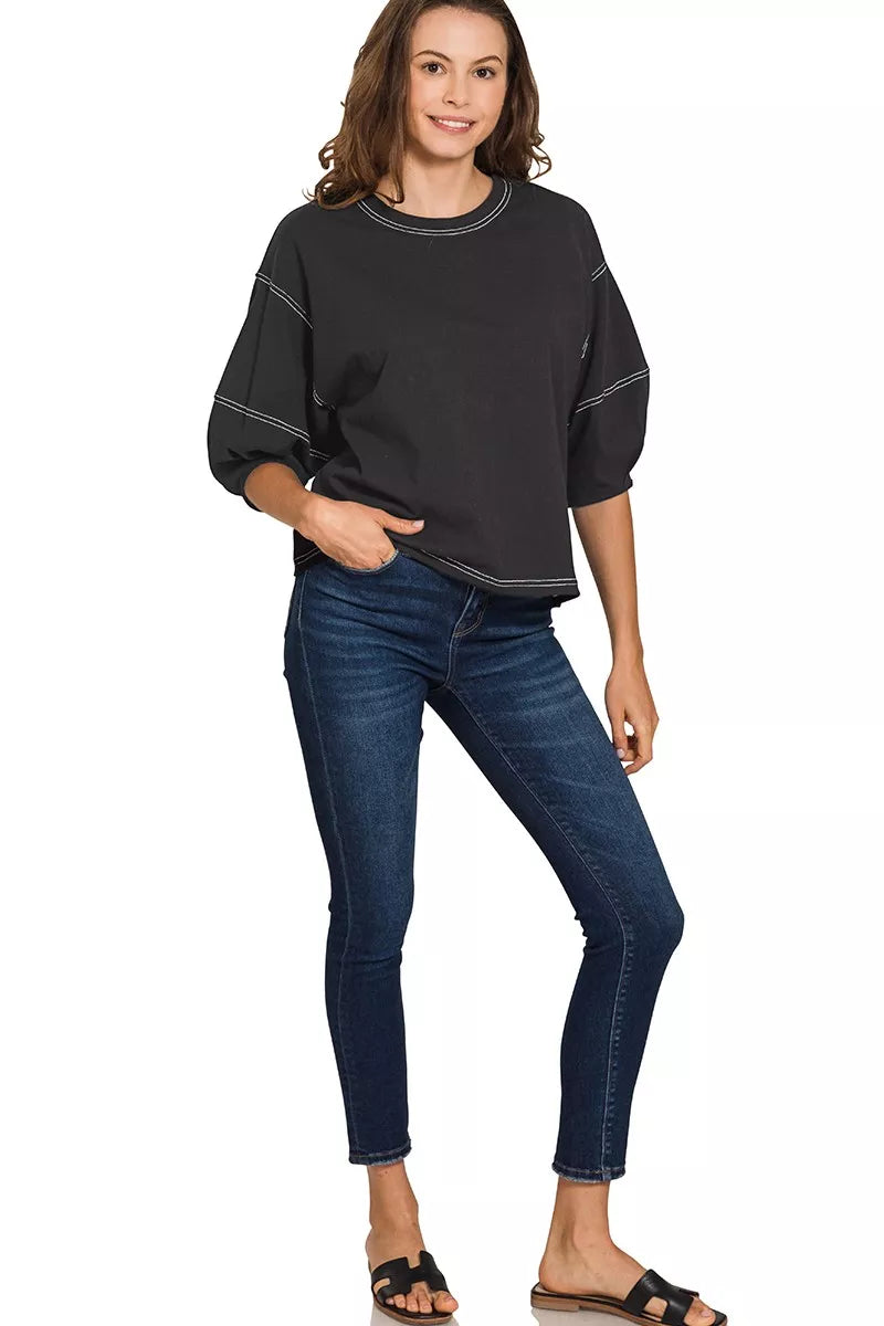 Sarah Express Women's Balloon Sleeve Top with Contrast Stitching - Statement Blouse