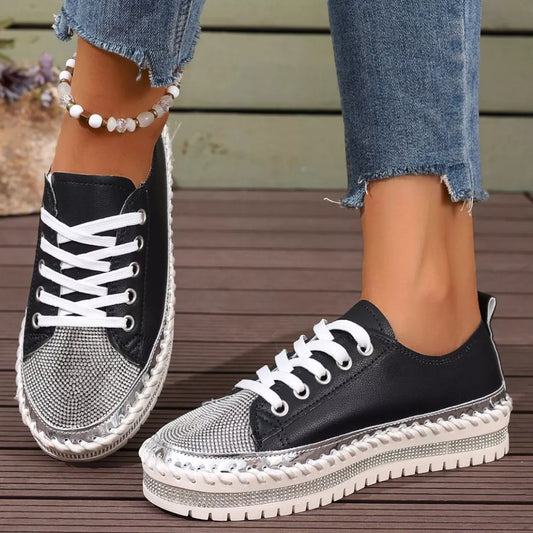 Sarah Express Women's Round Toe Platform Sneakers with Rhinestone Detail