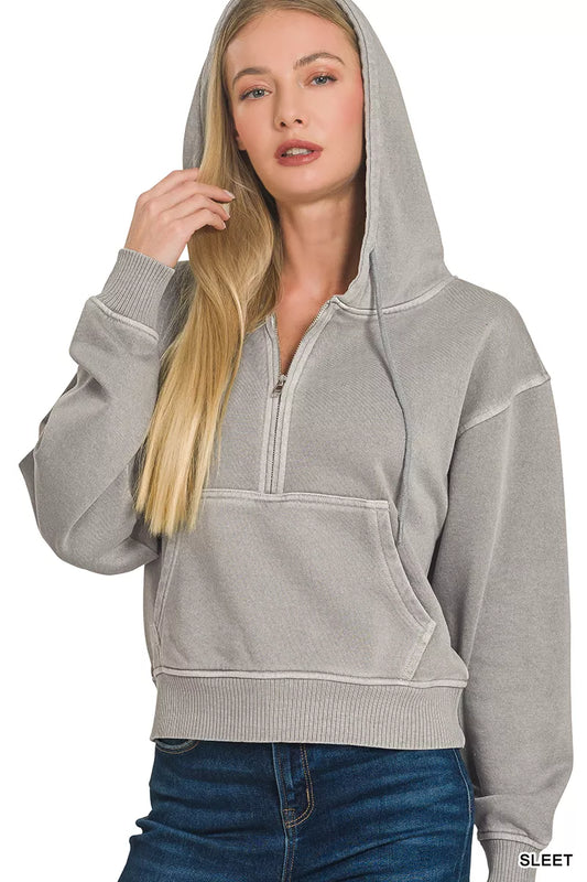 Sarah Express Women's Fleece Pigment Dye Half Zip Kangaroo Pocket Hoodie