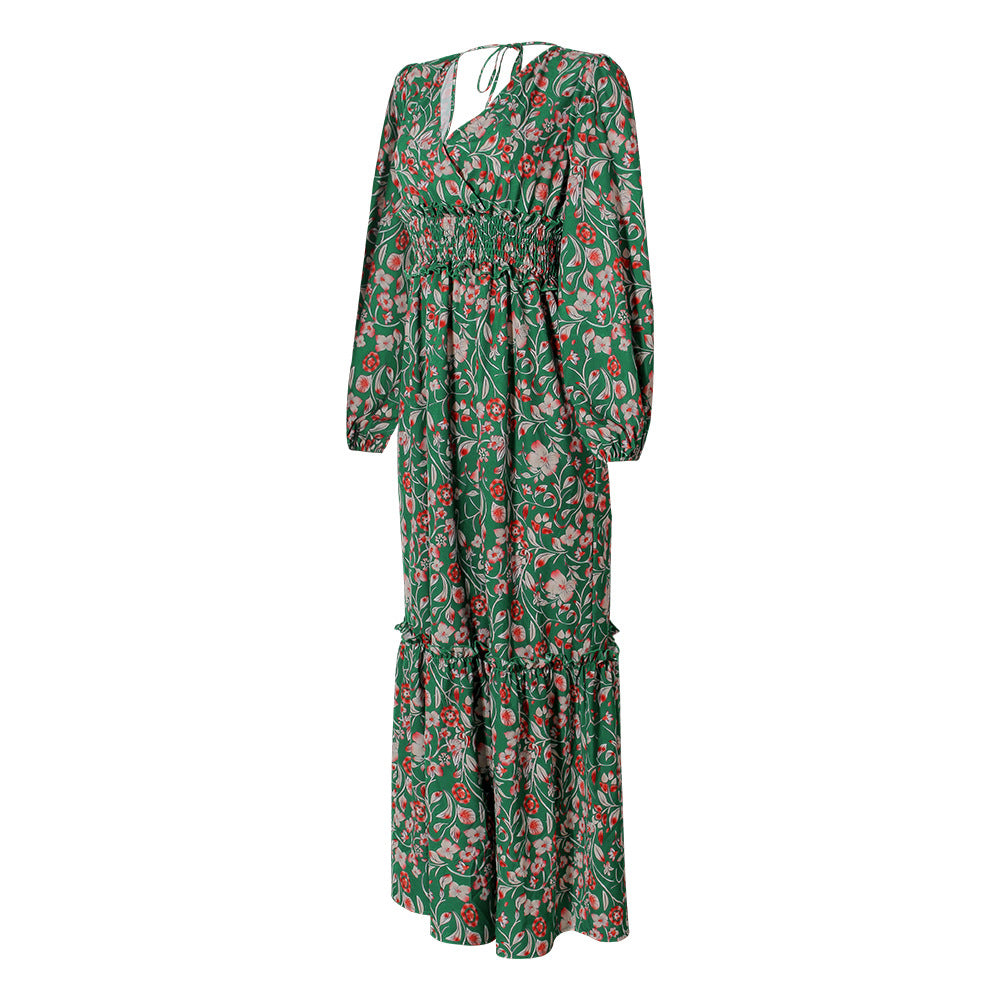 Sarah Express Printed V-Neck Lantern Sleeve Maxi Dress