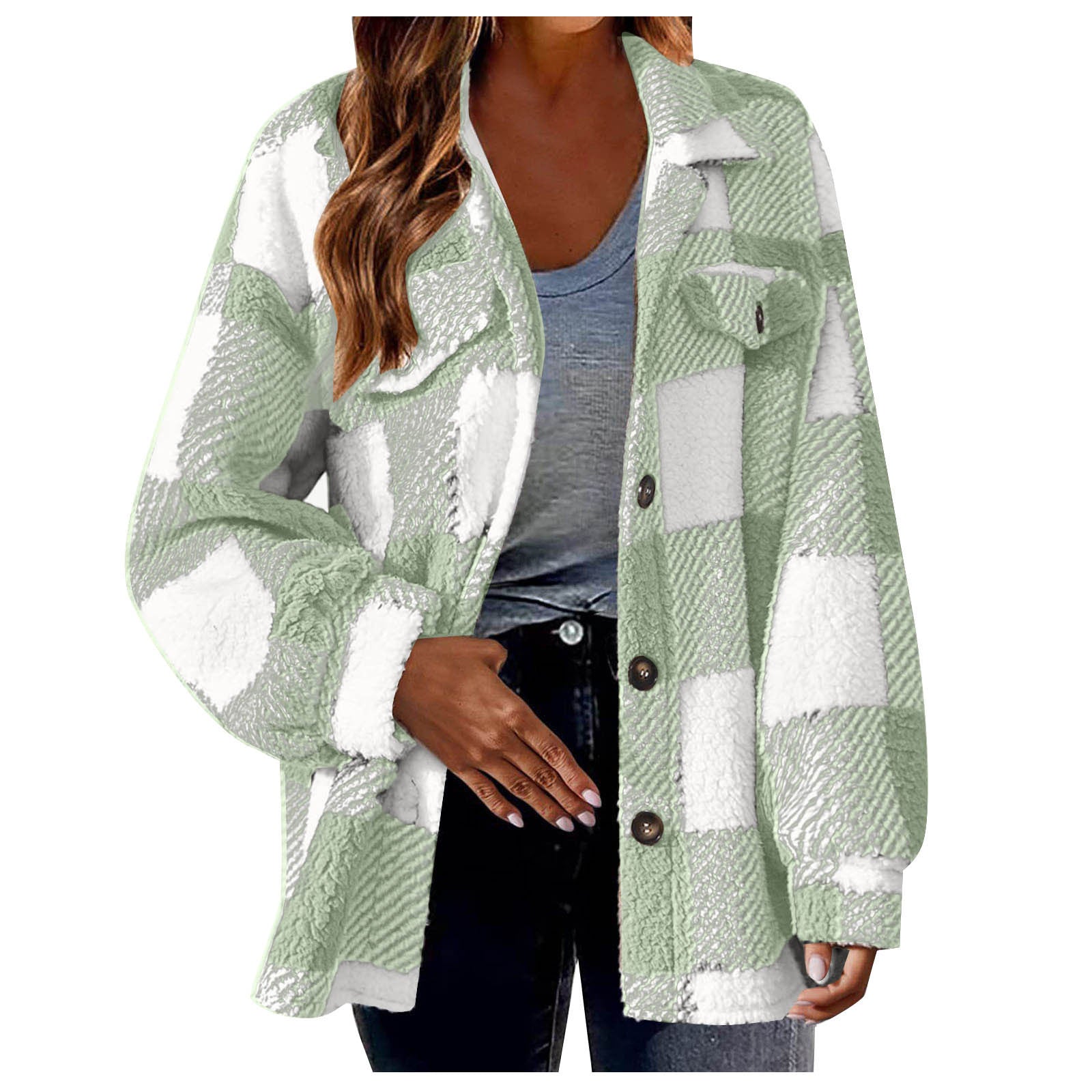 Sarah Express Women's Striped Plush Jacket - Button-Front Shacket Coat in 8 Colors - Loose Fit S-5XL Plus Size