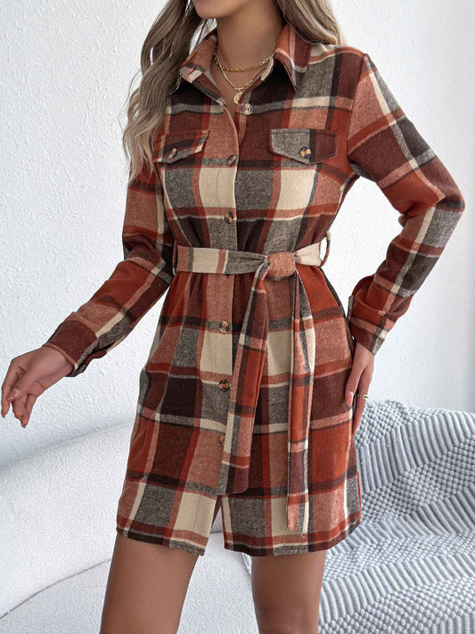 Sarah Express Women's Color-Blocked Plaid Tweed Shirt Dress with Tie Waist
